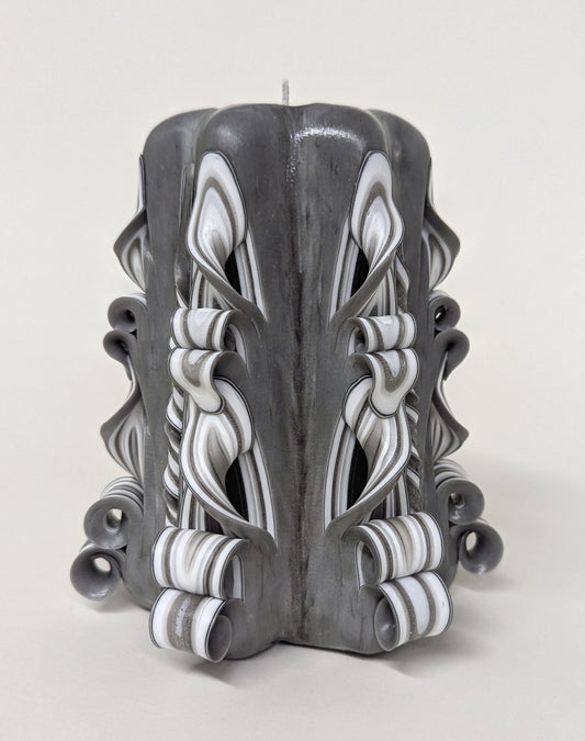 Handmade Gray and White Carved Pillar Candle - 5 Inch