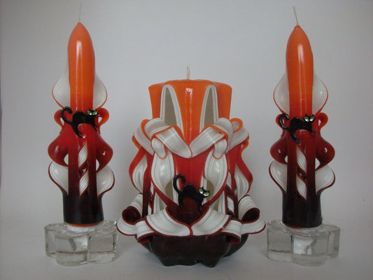 Handmade Halloween Black Cat Carved Candle Set