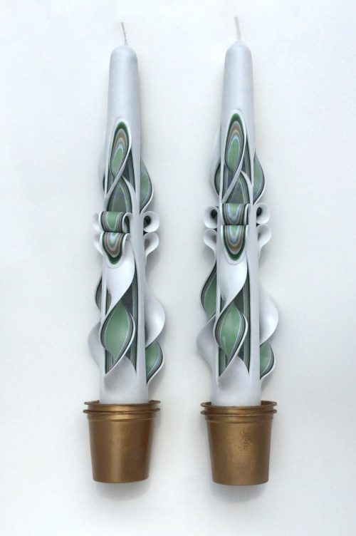 Green and Gold Carved Taper Candles - 10 inch